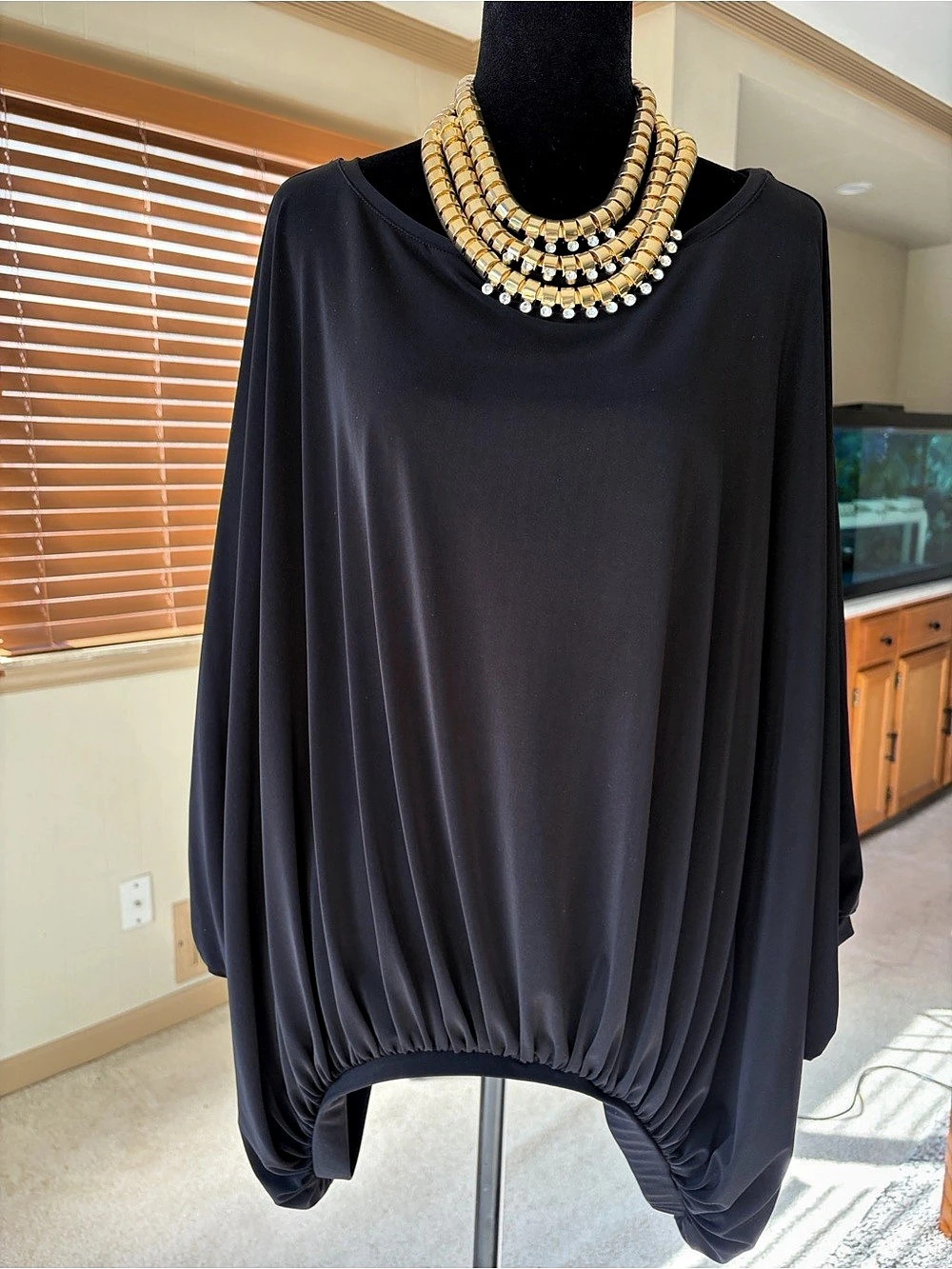 Black Tunic Blouse with Batwing Dolman-Sleeves & Gathered Hem